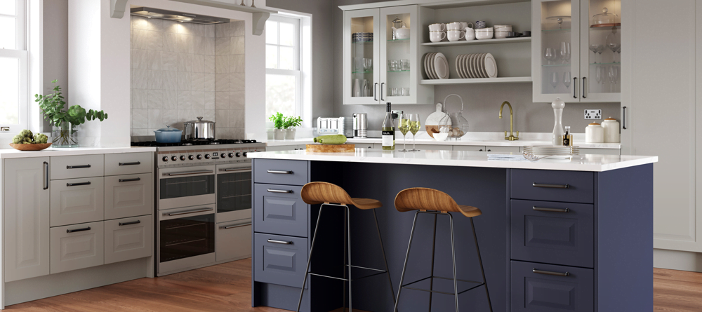 kitchen makeover with white and navy chatham shaker replacement kitchen doors
