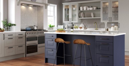 kitchen makeover with white and navy chatham shaker replacement kitchen doors